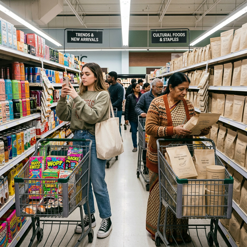 A young woman using phone near energy drinks and an older woman reading a package in cultural foods aisle at grocery store