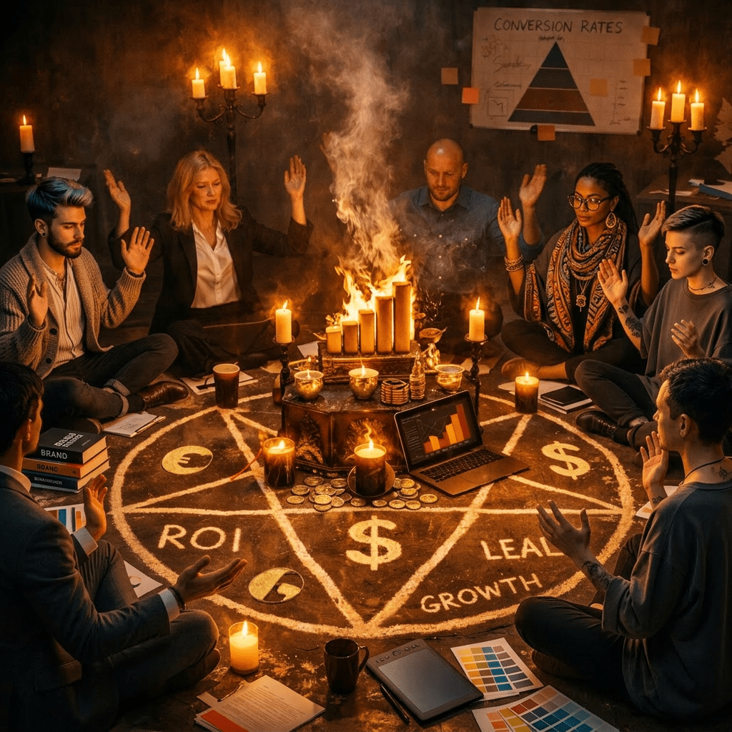 Seven professionals sitting in a circle around a glowing pentagram with business symbols and candles