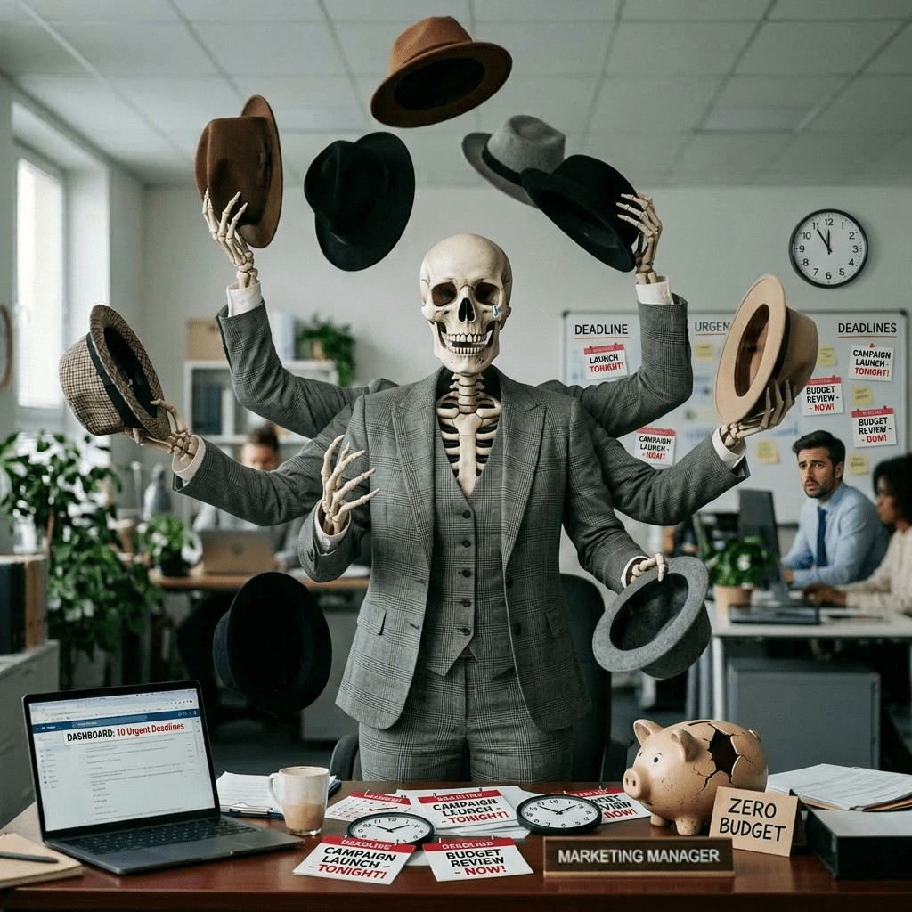 Marketing manager juggling several different hats looking overwhelmed at office desk