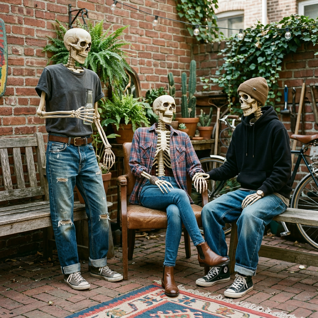 Three skeletons wearing casual clothing sitting and standing in a backyard patio surrounded by plants and bicycles