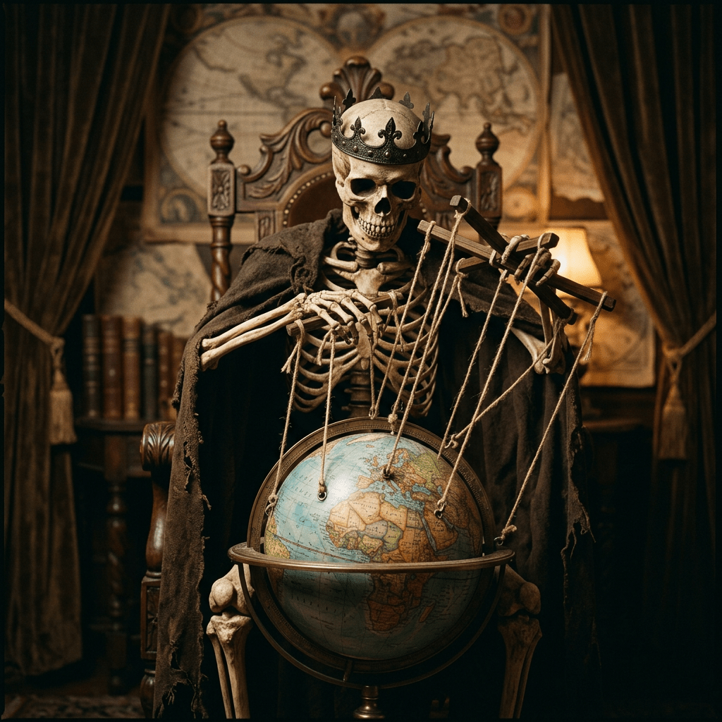 Skeleton king with crown controlling globe puppet strings in a vintage room