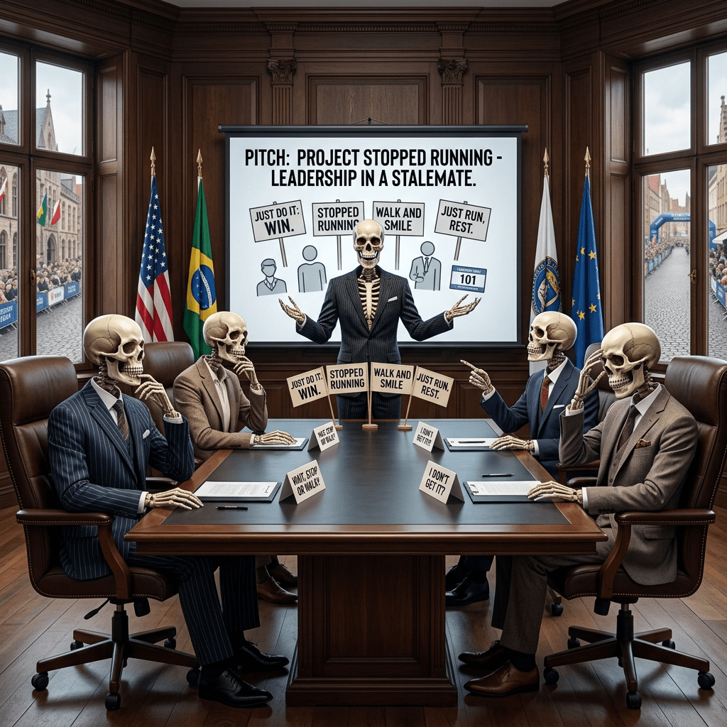 Skeletons running in a city marathon holding signs with leadership slogans like 'Leadership is action' and 'Make an impact'