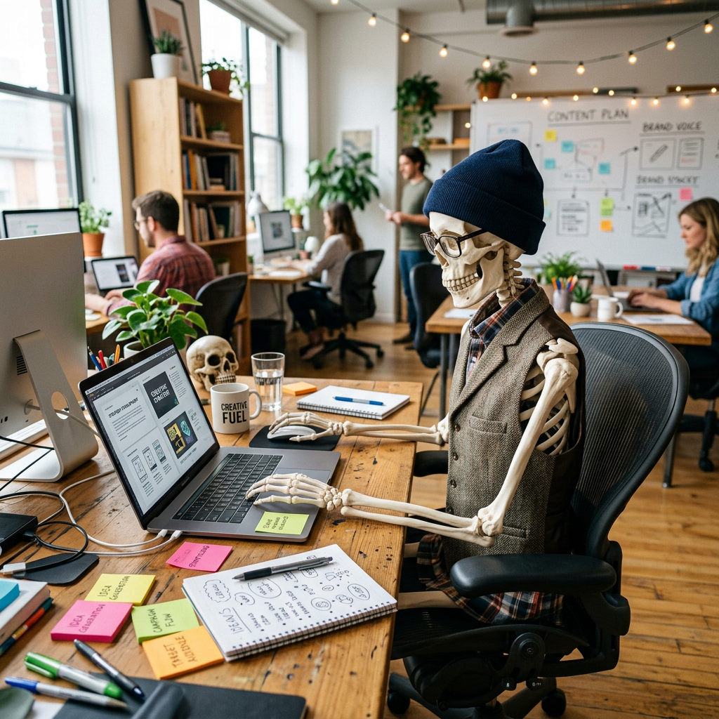 Skeleton wearing glasses and a beanie typing on laptop at office desk