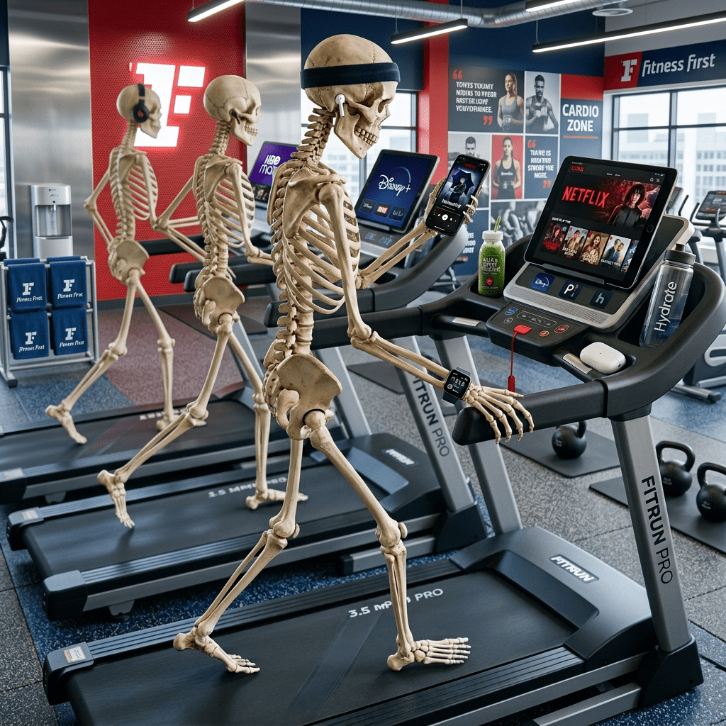 Skeleton walking on treadmill using smartphone and tablet streaming Netflix