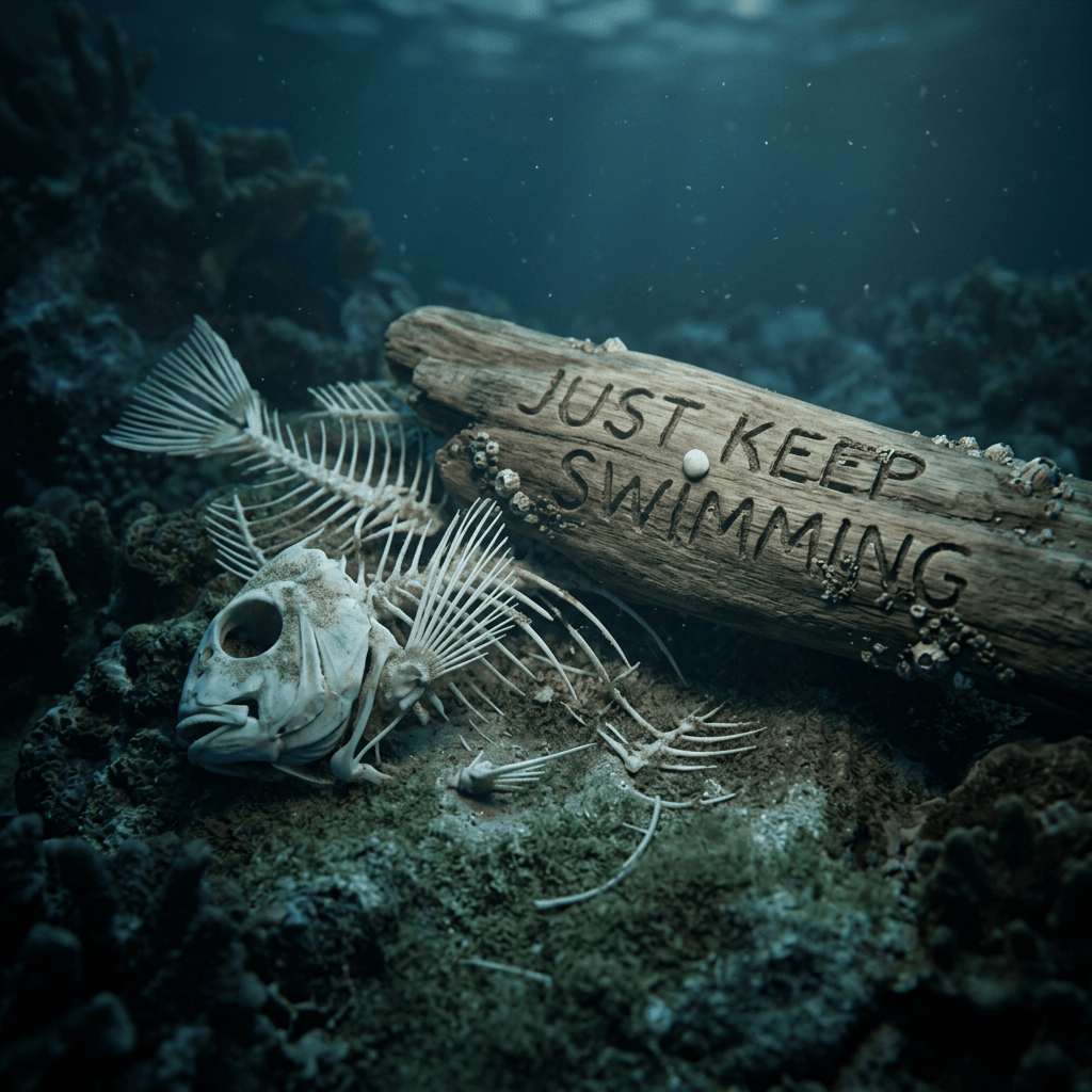 Fish skeleton beside driftwood reading “JUST KEEP SLIMMING” underwater