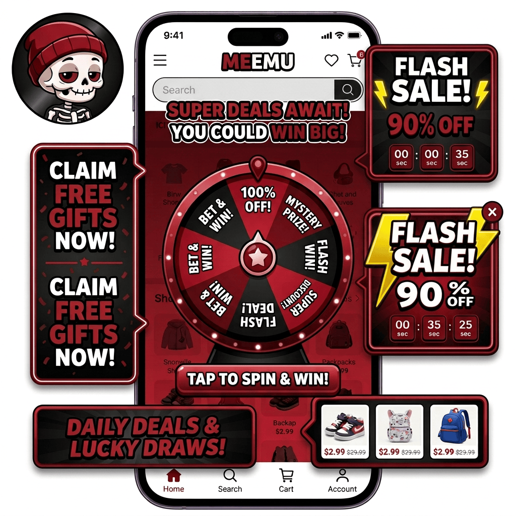 Kidz Boutique sale graphic with prize wheel, free gifts, and 90% off offers