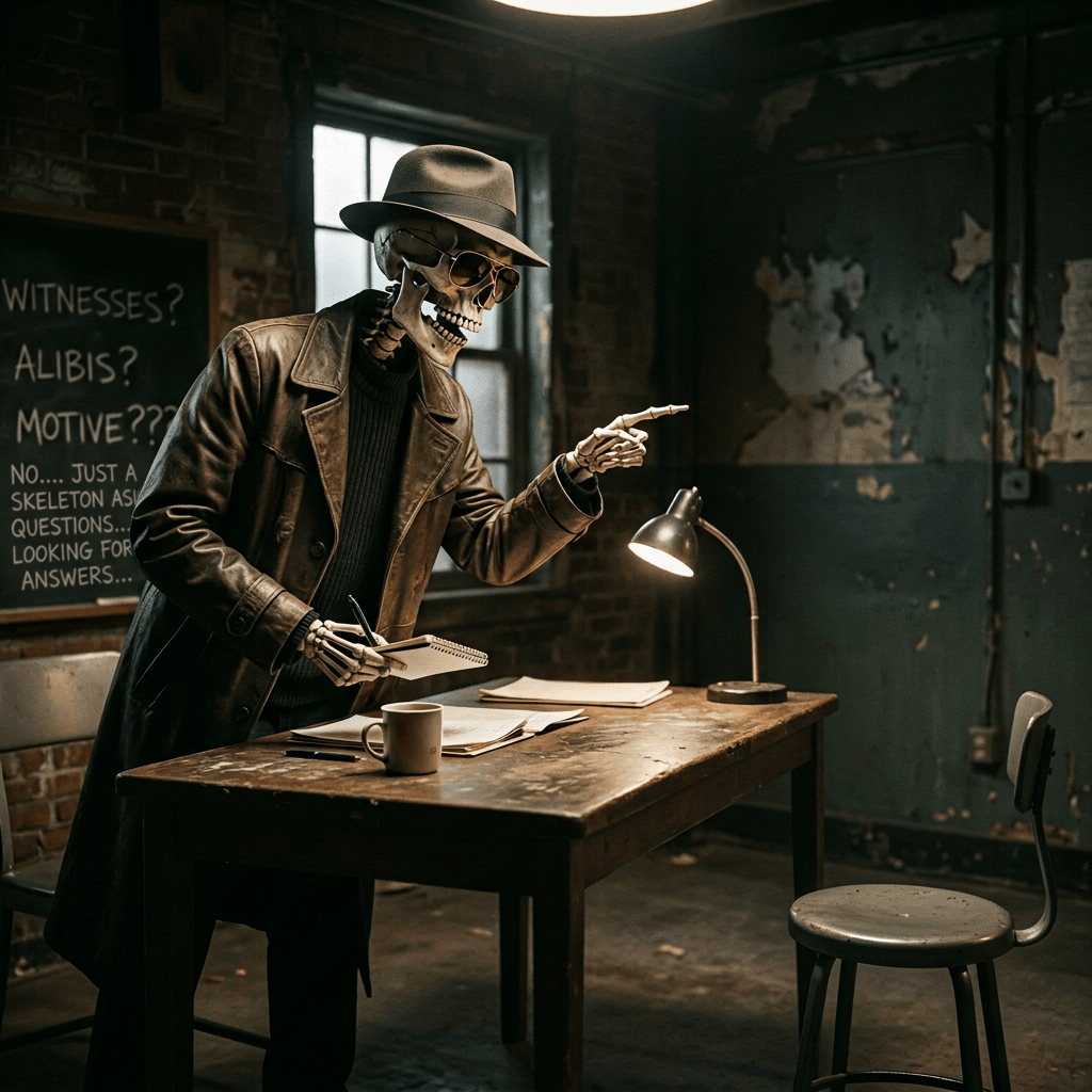 Skeleton detective points at a seated man during an interrogation